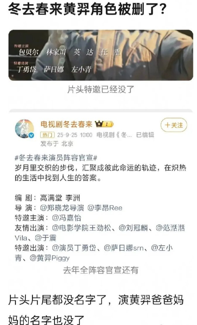 冬去春来还有黄羿，删剧情了，但是演员都删了做的不地道，拍都拍了给个特别感谢怎么了