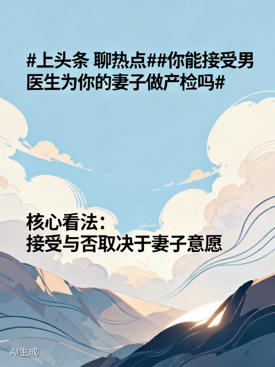 你能接受男医生为你的妻子做产检吗这是一个很现实的隐私和情感问题。我的核心看法是：