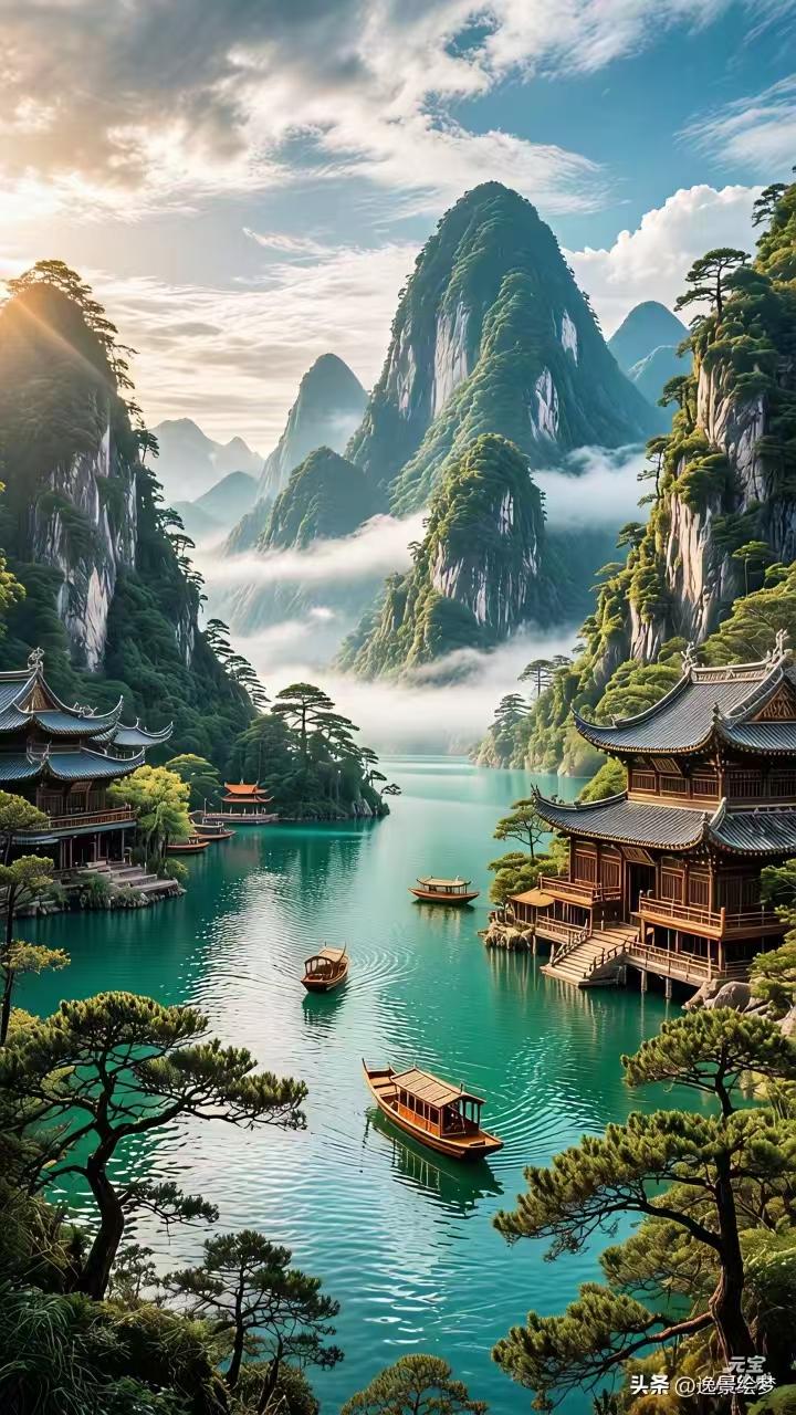 塞鸿秋·湖山谧境
翠峰叠玉连环玦，
碧湖靛青琉璃冽。
云移黛瓦参差界，
风揉木舸