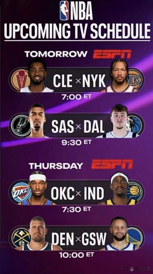 NBA接下来的精彩对决将由:
1、骑士对阵尼克斯
2、马刺对阵独行侠
3、雷霆对