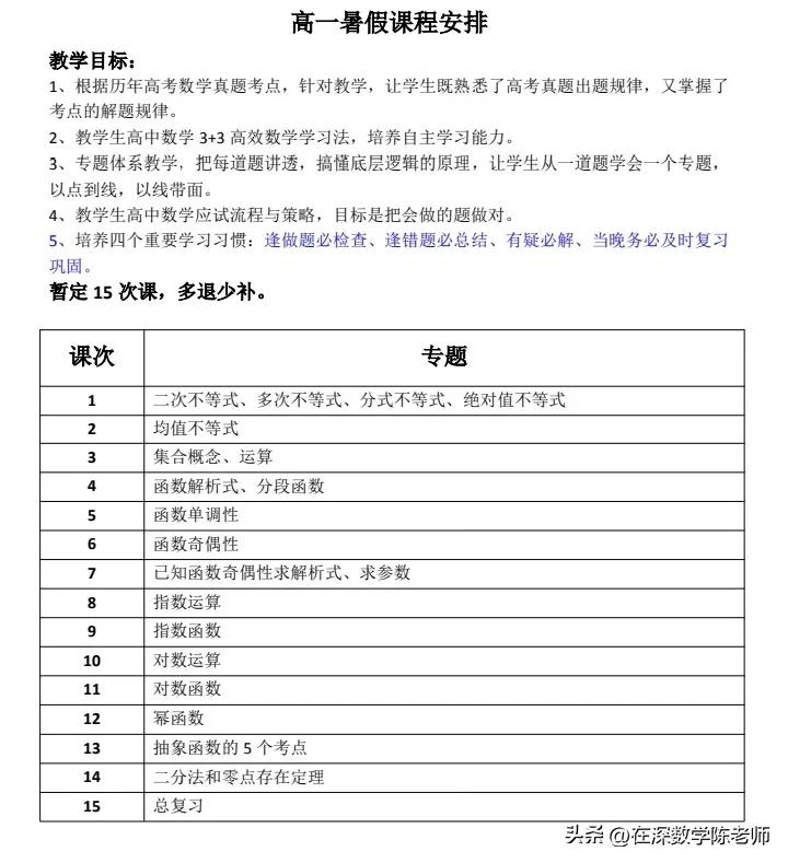 暑假高一、高二、高三课程计划安排
教学目标：
1、根据历年高考数学真题考点，针对