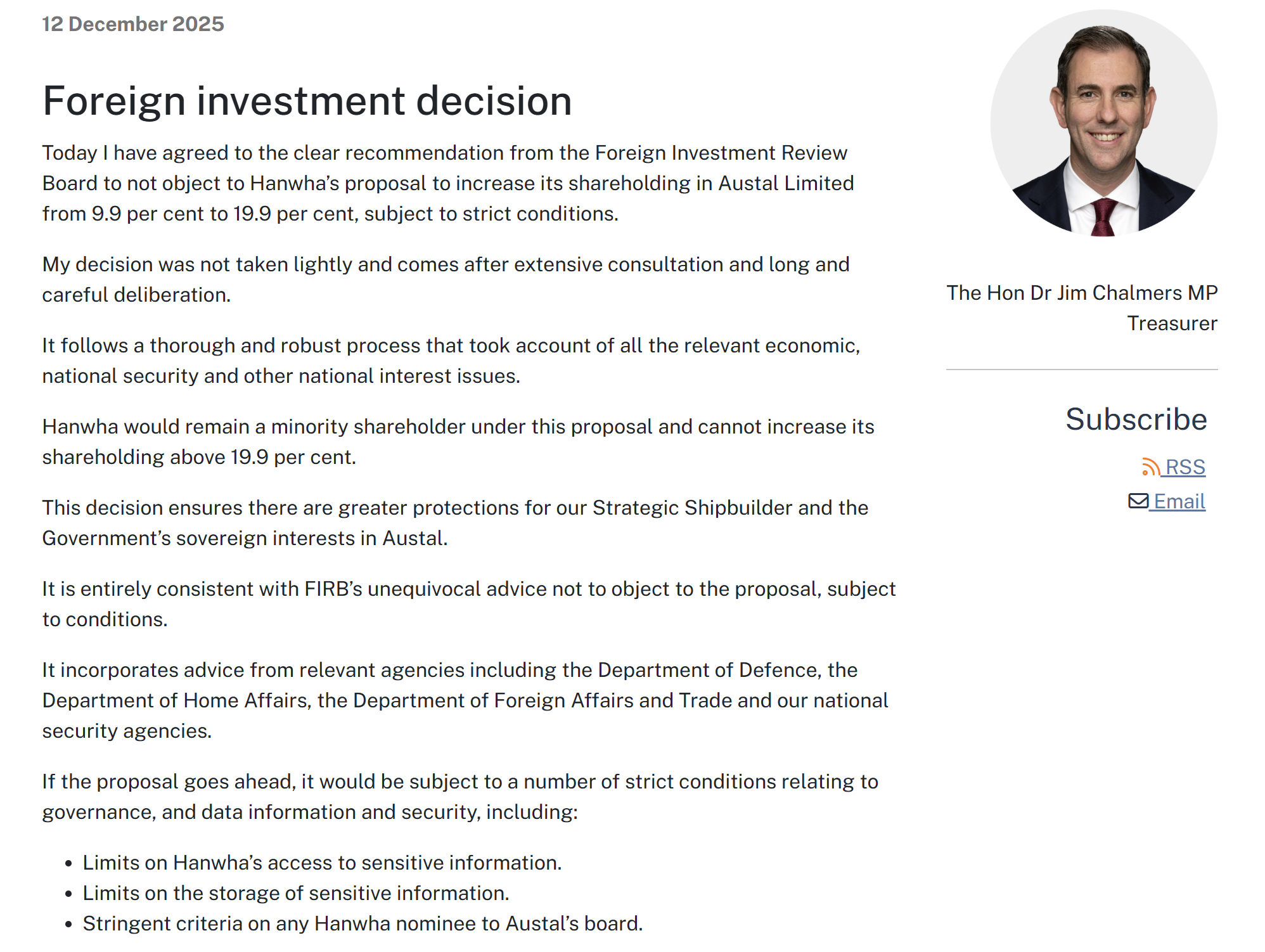 澳村同意韩华在Austal的占股从9.9%提升到19.9%