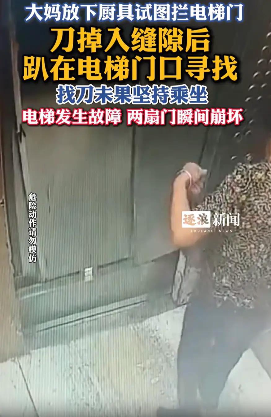 安徽宣城，一位大妈想用菜刀拦住电梯门，没想到，菜刀刚好从电梯缝掉了下去，乘电梯下