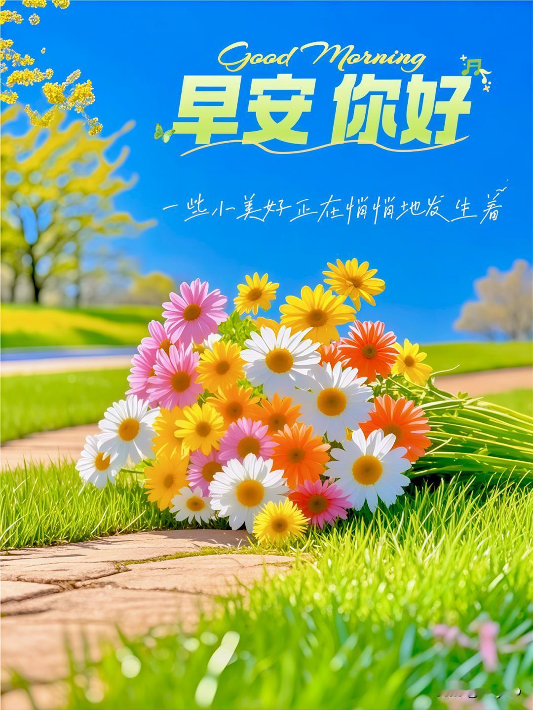 晨光微微亮，快乐心中漾;
虽未当面聊，祝福准时到。

人生百味，随心随遇随安；