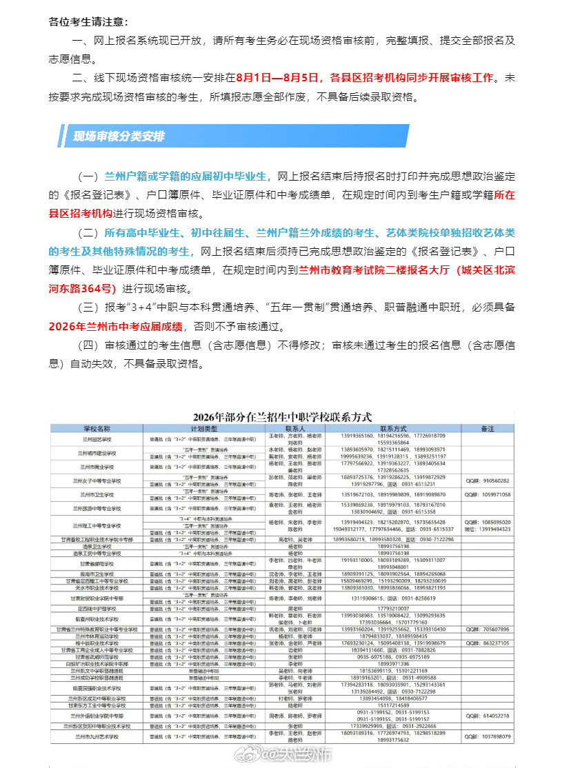 2026兰州中职招生同城热点创作计划 2026 兰州中职现场资格审核 8 月 1