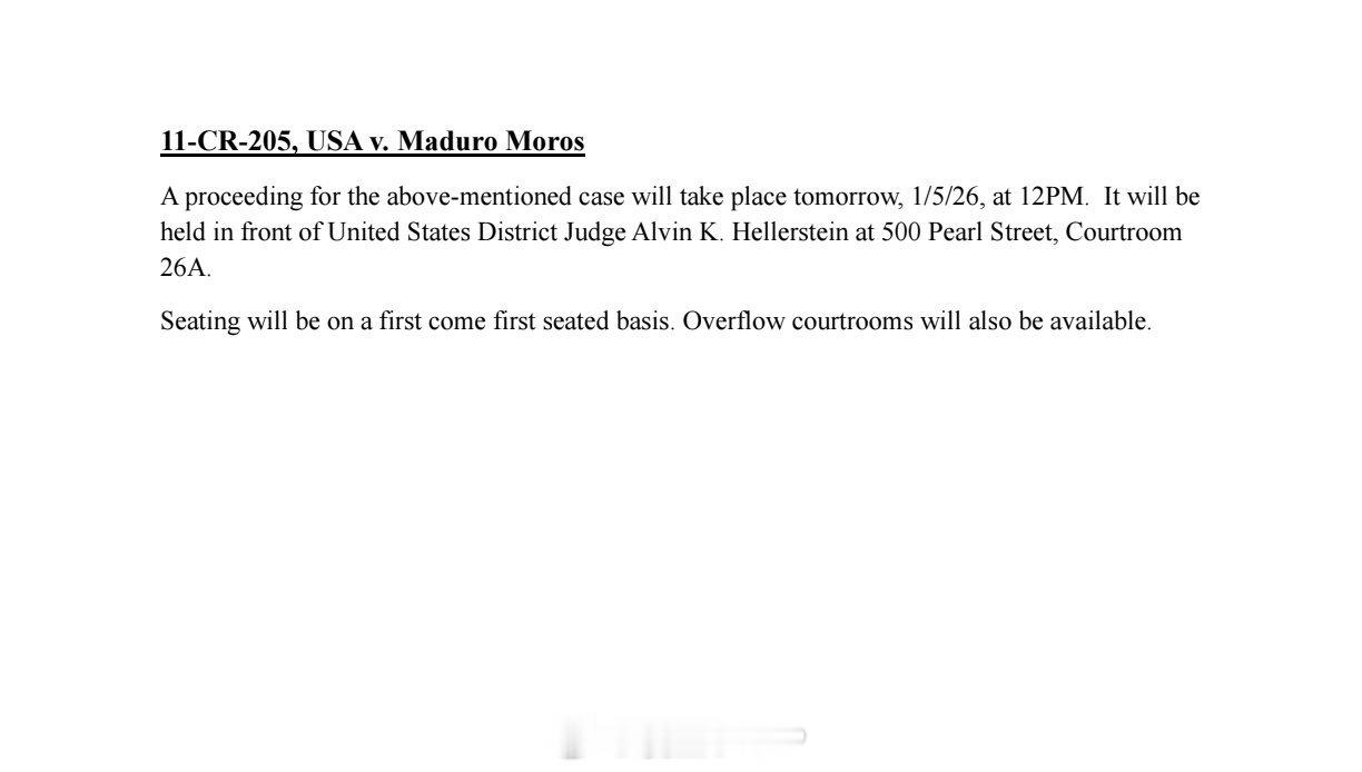 马杜罗于5日在纽约出庭 美国纽约南区联邦地区法院网站发布通知，美国诉马杜罗案（案