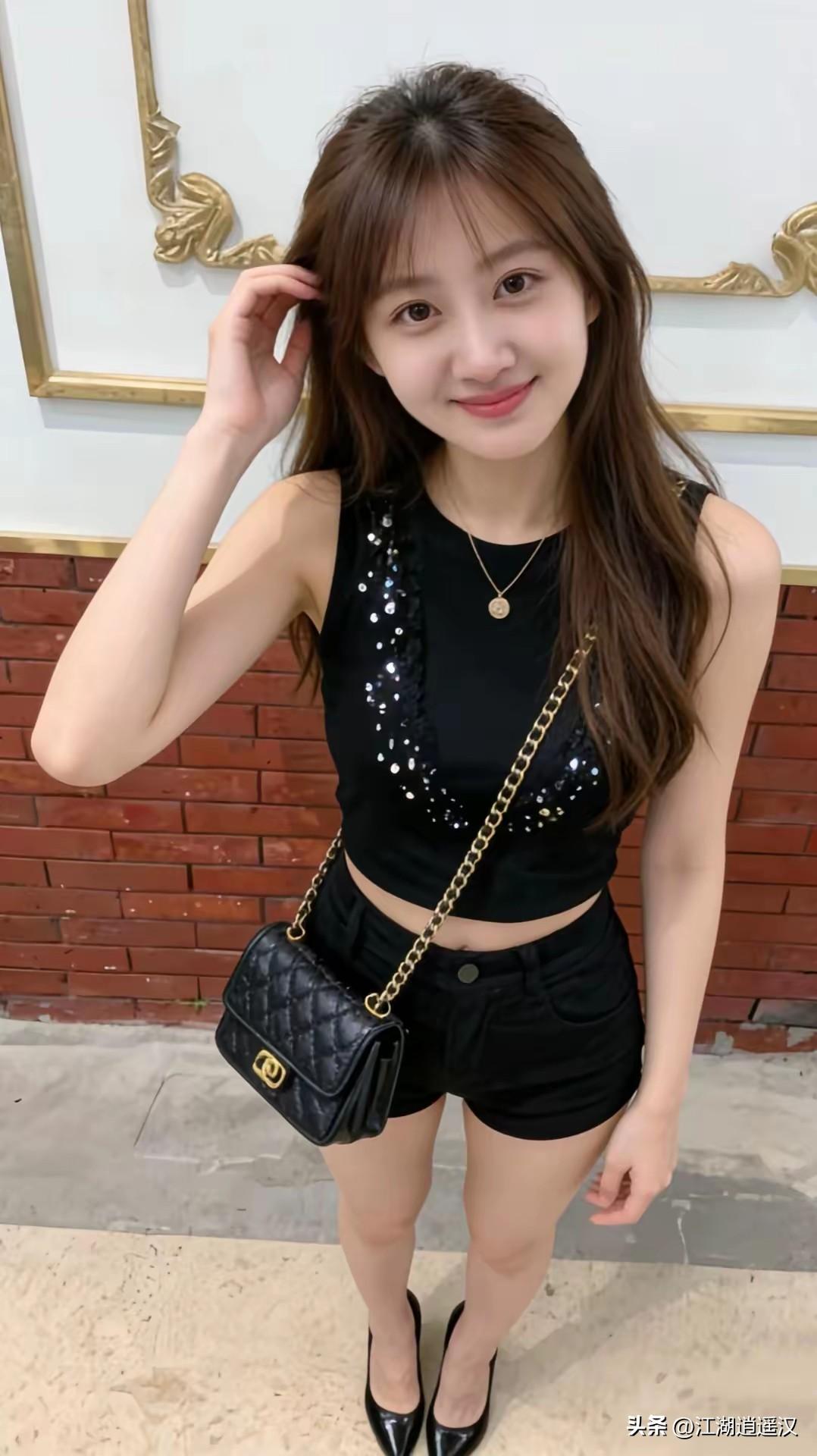 和相亲对象第一次见面，她这双大长腿真的太让人心动了！✨
一身利落的黑色无袖亮片上