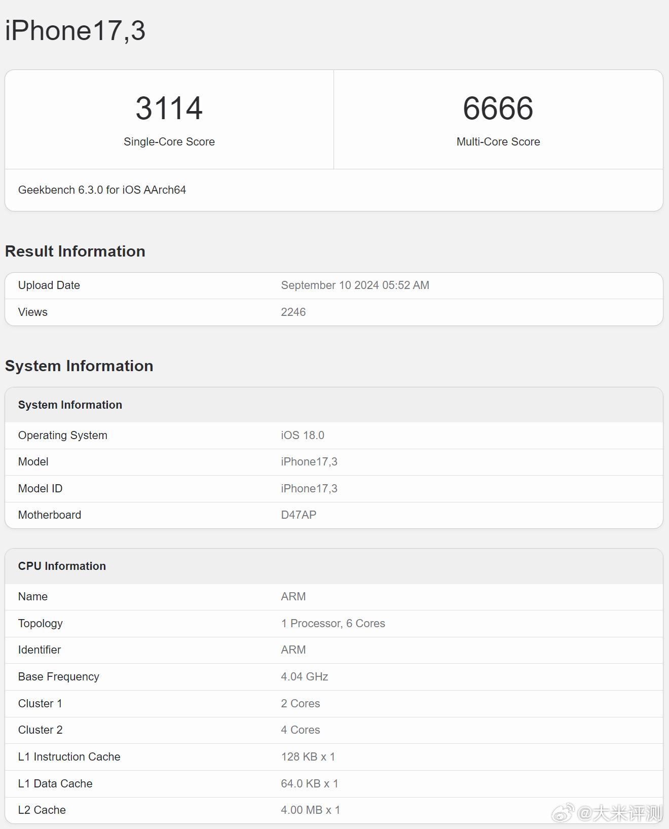 iPhone16系列 Geekbench6 单核/多核 跑分：A18Pro：30