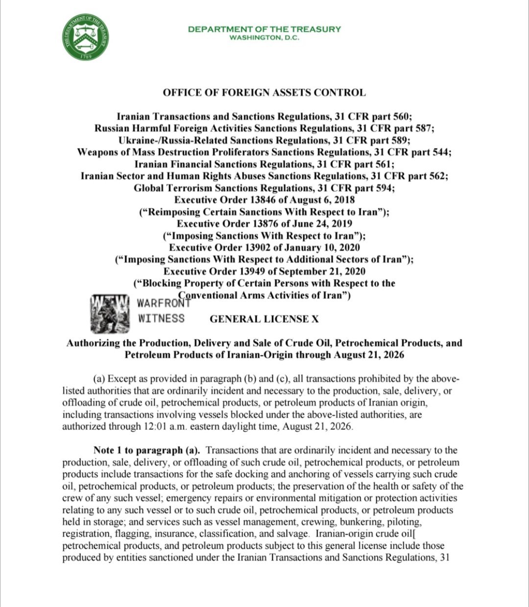 ⚡️🇺🇸🇮🇷 美国财政部已颁布第X号通用许可证，授权在2026年8月21
