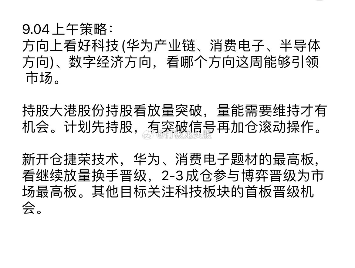 今日市场方向上看好科技(华为产业链、消费电子、半导体方向)、具体策略已经分享，有