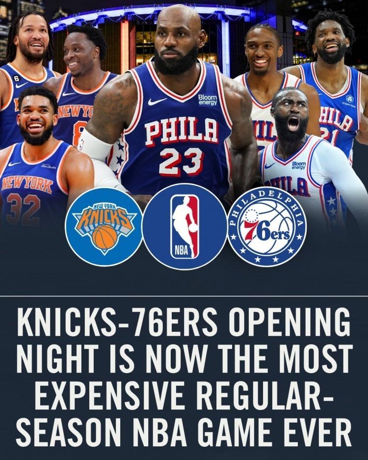 NBA[超话] 票务平台TickPick数据显示，尼克斯主场对阵76人的新赛季揭