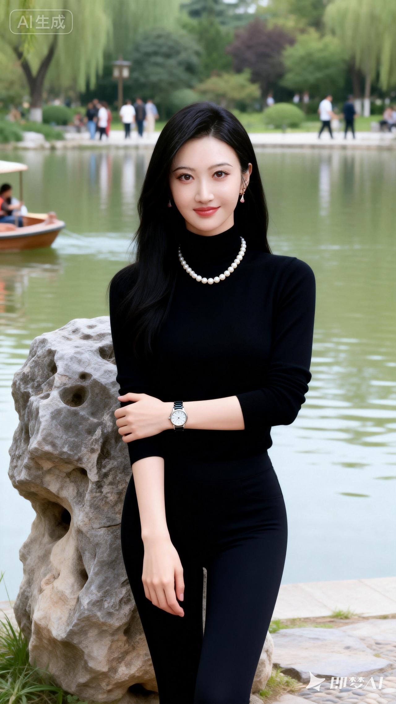 优雅黑衣少女，珍珠项链点缀，公园湖畔的静谧时光。