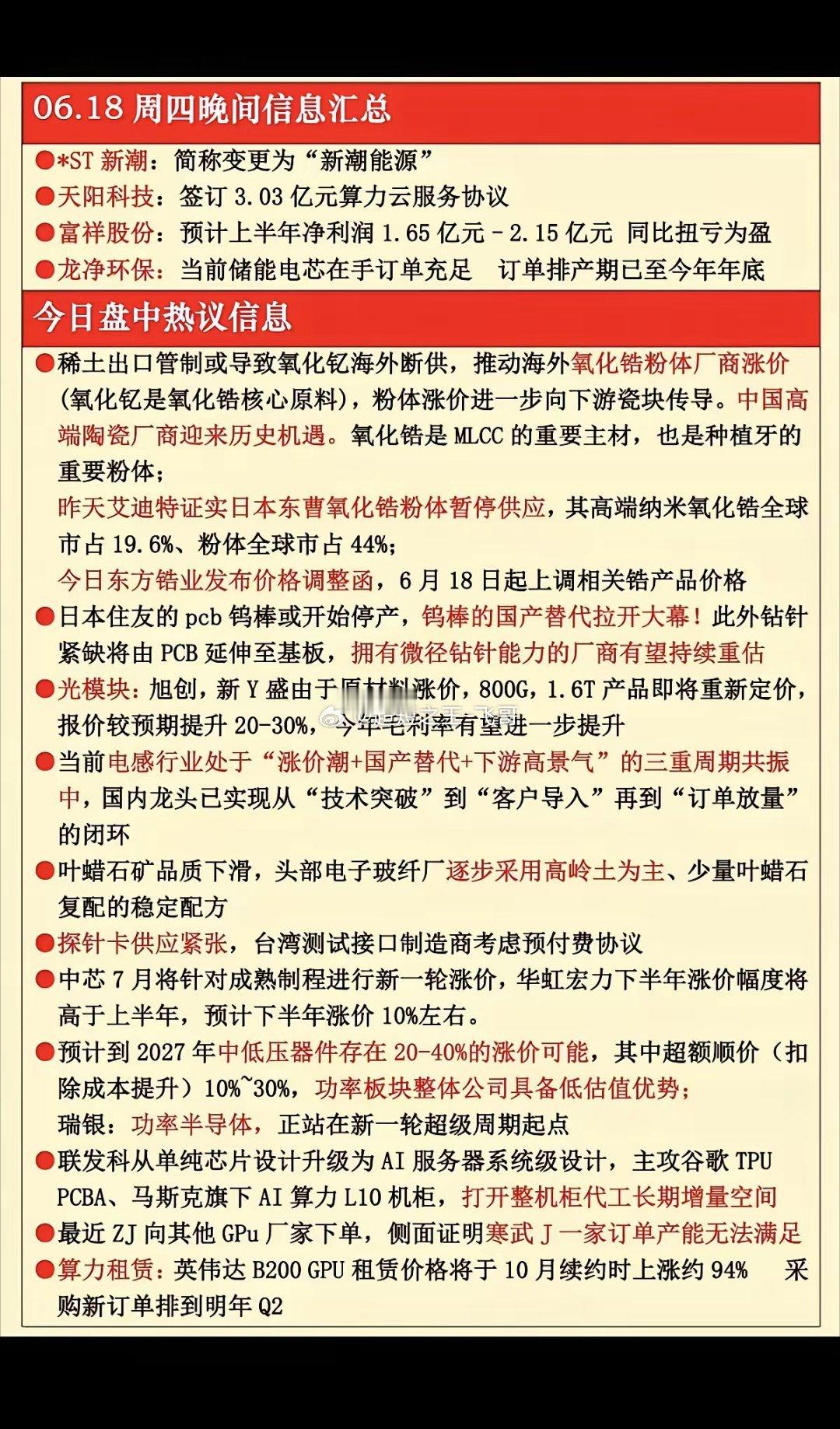 6.18周四晚间  财经热点新闻！1.氧化锆涨价2.钨棒3.光模块4.电感涨价5
