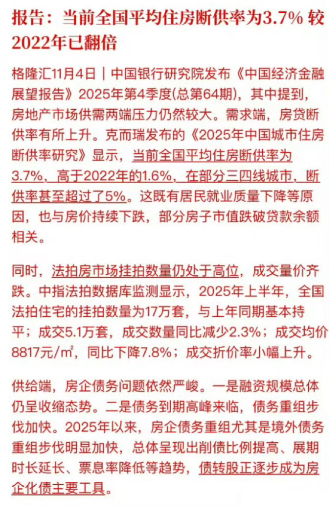 报告: 当前全国平均住房断供率为3.7%，较2022年已翻倍。预期房价上涨的人数