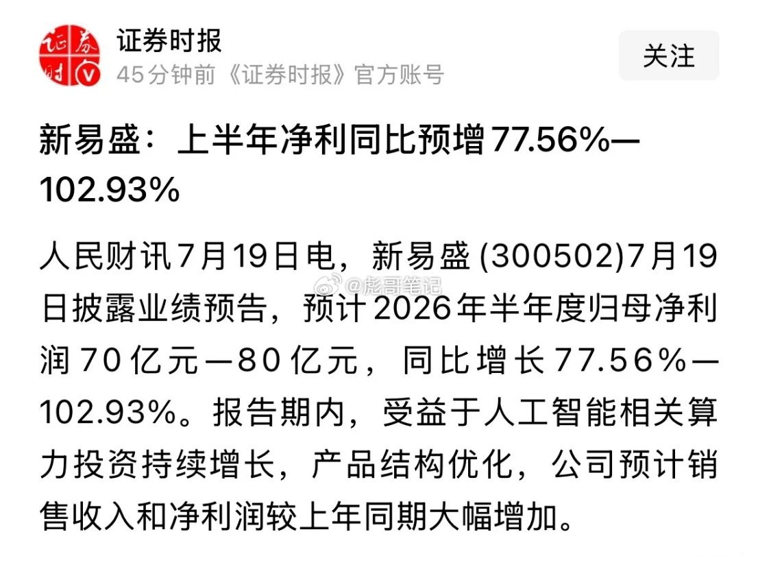 人民日报旗下的官媒发布重磅利好消息，新易盛半年报业绩炸裂上半年赚80亿元明天CP