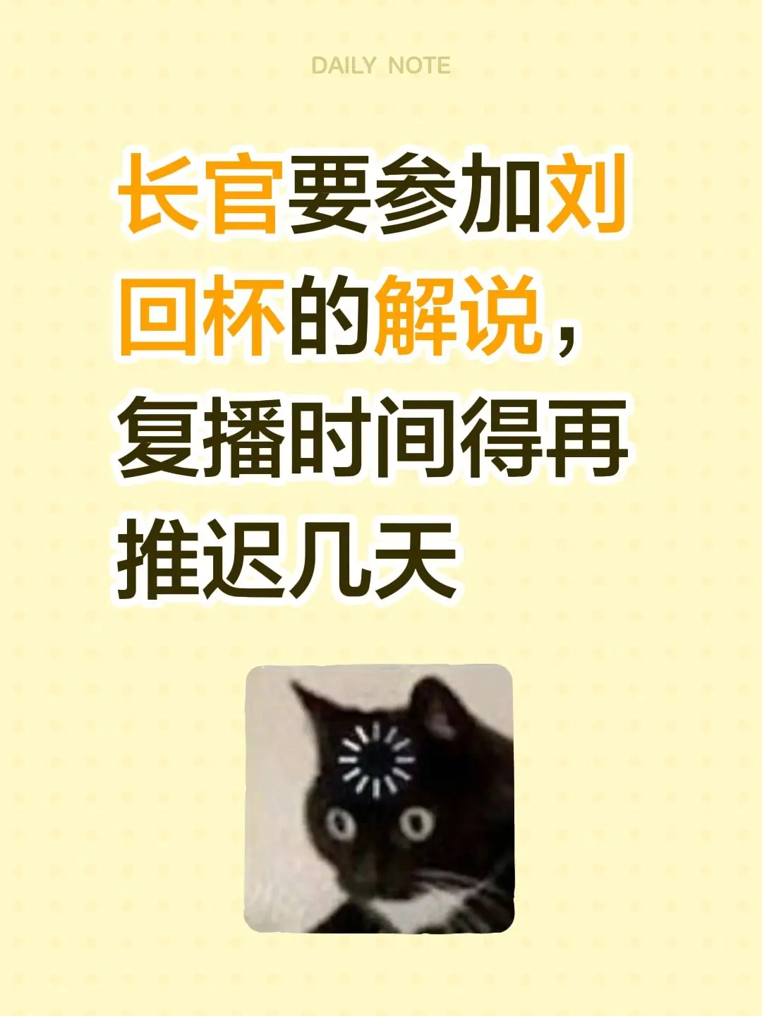 长官参加刘回杯解说。长官要参加刘回杯的解说，复播时间得再推迟几天