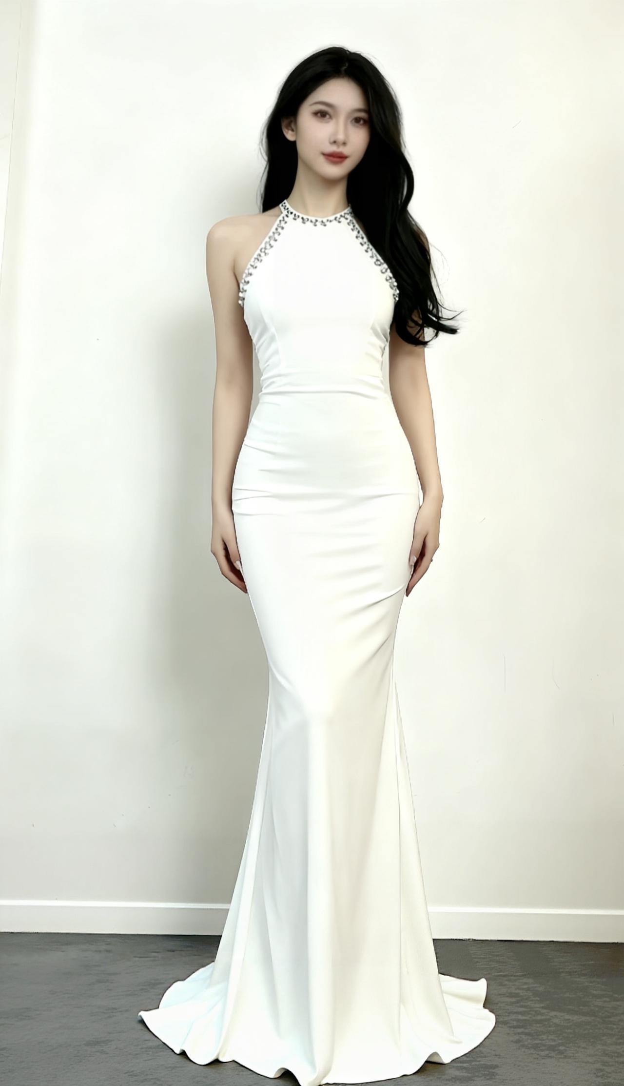 气质穿搭怎么穿才恰到好处?
身材高挑的美女！她身着一袭挂脖式白色礼服裙，领口的精