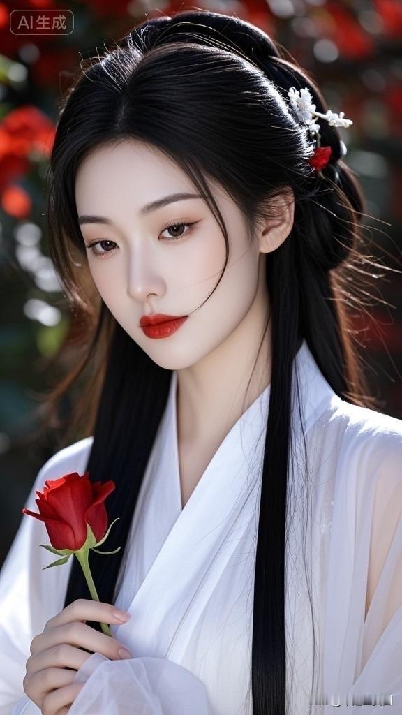 优雅黑发红唇，花海中的梦幻少女