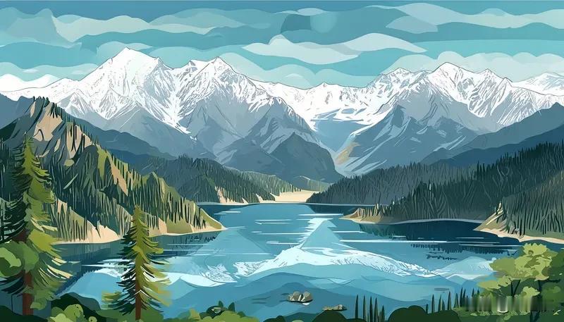 [天山北坡山林风光]
 
整体：纵向分层山地远景，蓝天白云，连绵天山雪峰立于画面