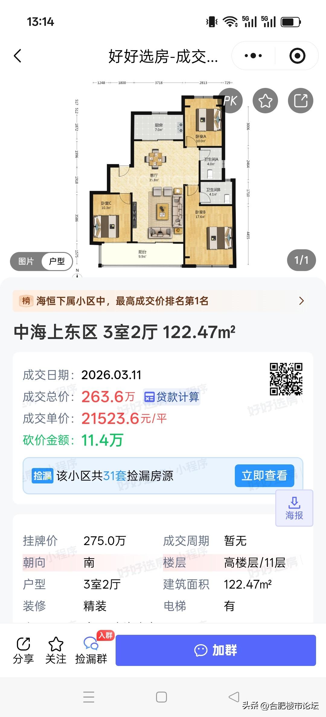 合肥最近成交的一些次新房小区。
经开区的公园万象和中海上东区洋房价格还行，当然比