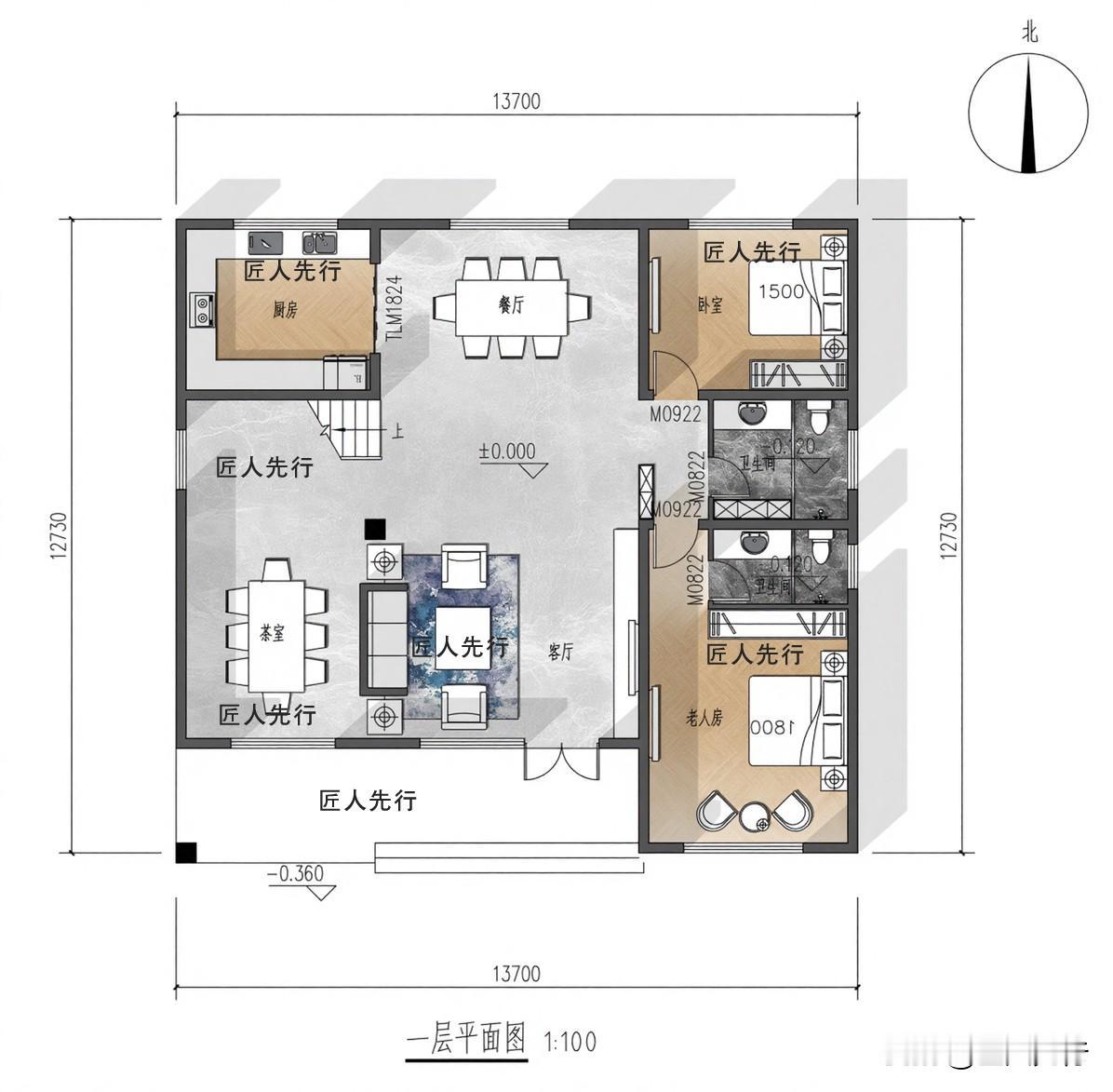 第一款：13.7米X12.7米。
 功能布局：6房4厅4卫。
第二款：12米X8