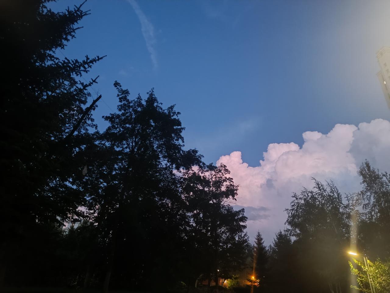 随手拍张照雨后的公园，暮色缓缓落下。大团蓬松的云朵晕染淡淡的粉，衬着深蓝天幕。树