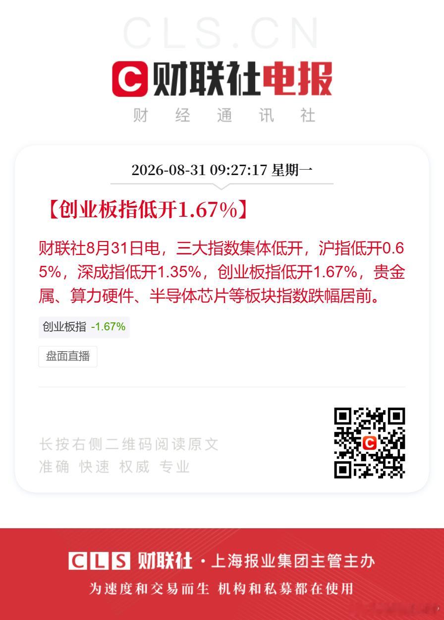 A股盘面直播【创业板指低开1.67%】财联社8月31日电，三大指数集体低开，沪指