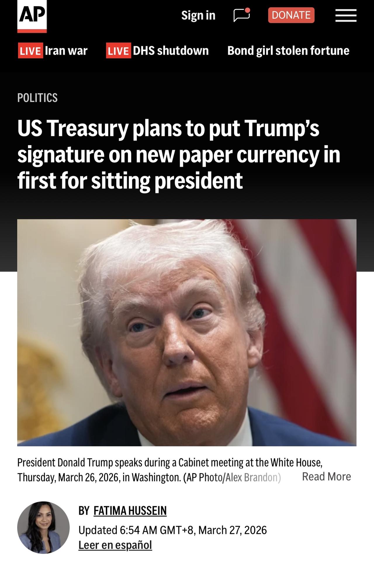 美国财政部周四宣布，计划在所有新的美国纸币上印上唐纳德·特朗普总统的签名。

此