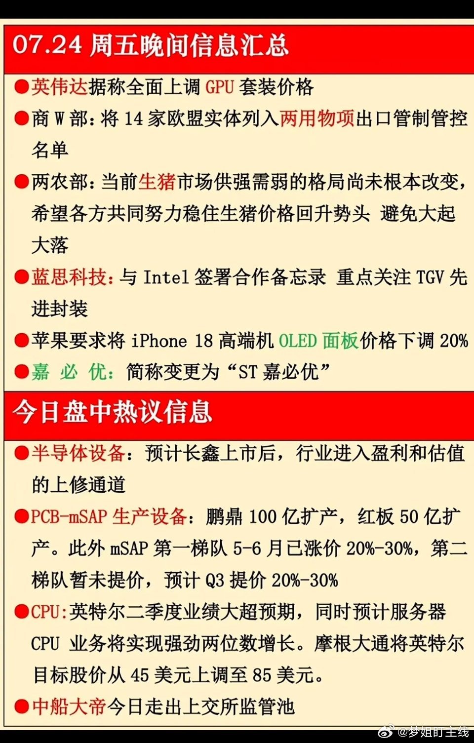 7月24日晚间行业消息：英伟达上调AI芯片价格，算力需求旺盛带来议价权；英特尔业