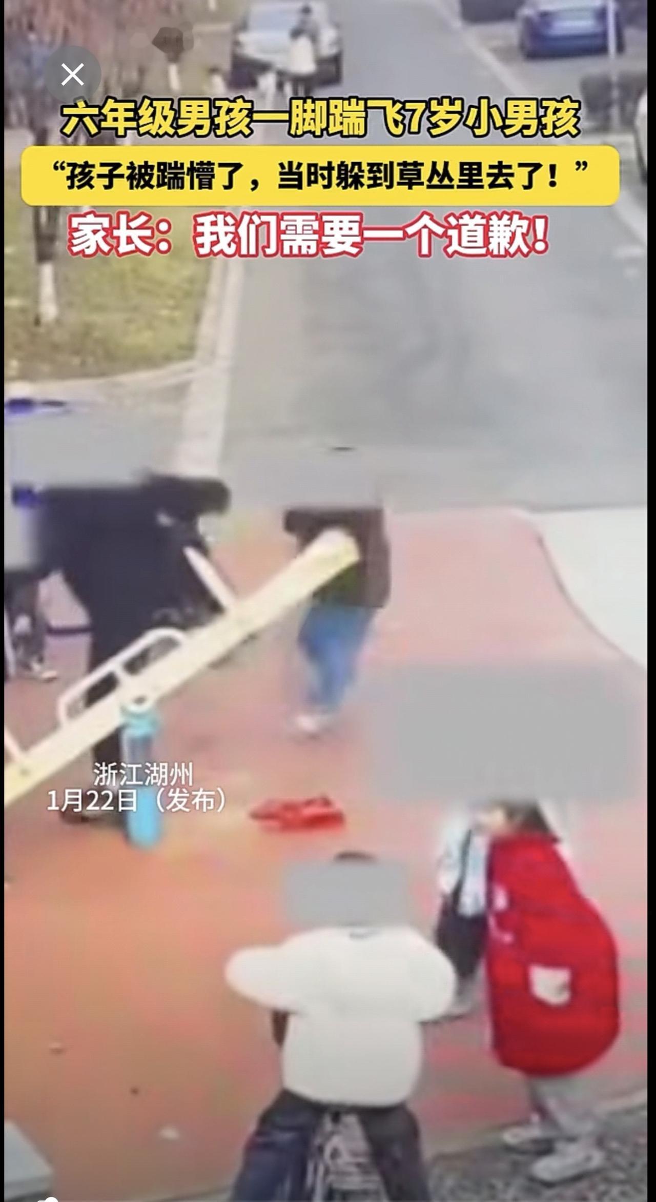 六年级男孩一脚踹飞7岁小男孩，小男孩被踹懵了，当场躲进草丛，家长：我们需要一个道
