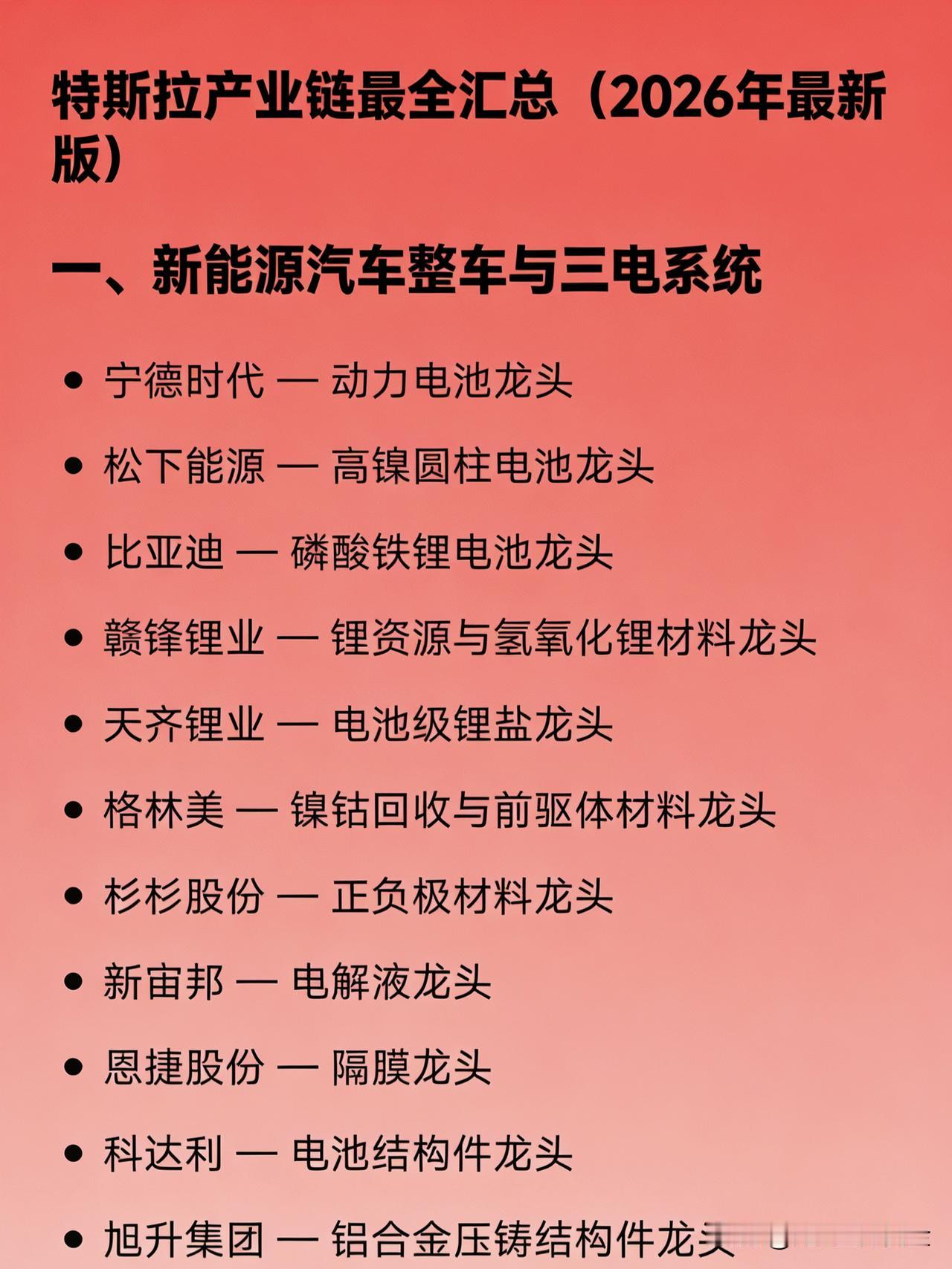 特斯拉产业链最全汇总（2026年最新版）

一、新能源汽车整车与三电系统

宁德