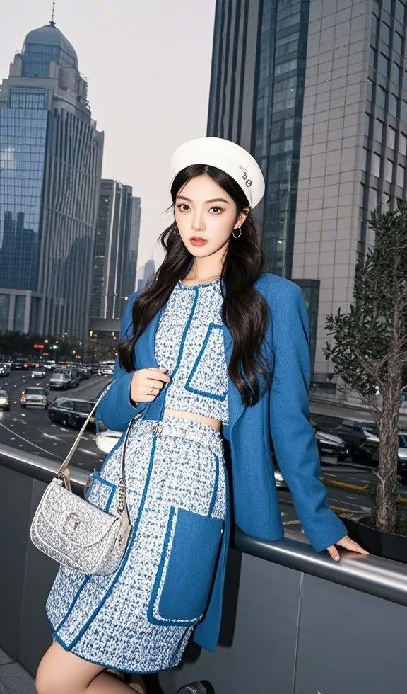 都市白领穿搭指南：蓝色套装+白色渔夫帽，时尚又干练！💼👠👗清纯甜美穿搭。 
