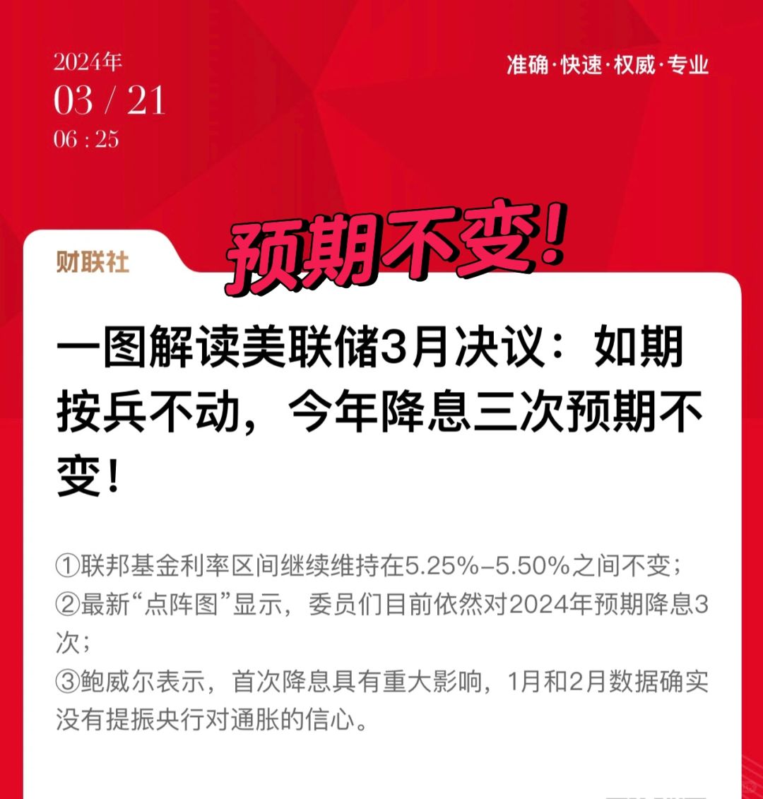 美联储：24年降息三次预期不变！