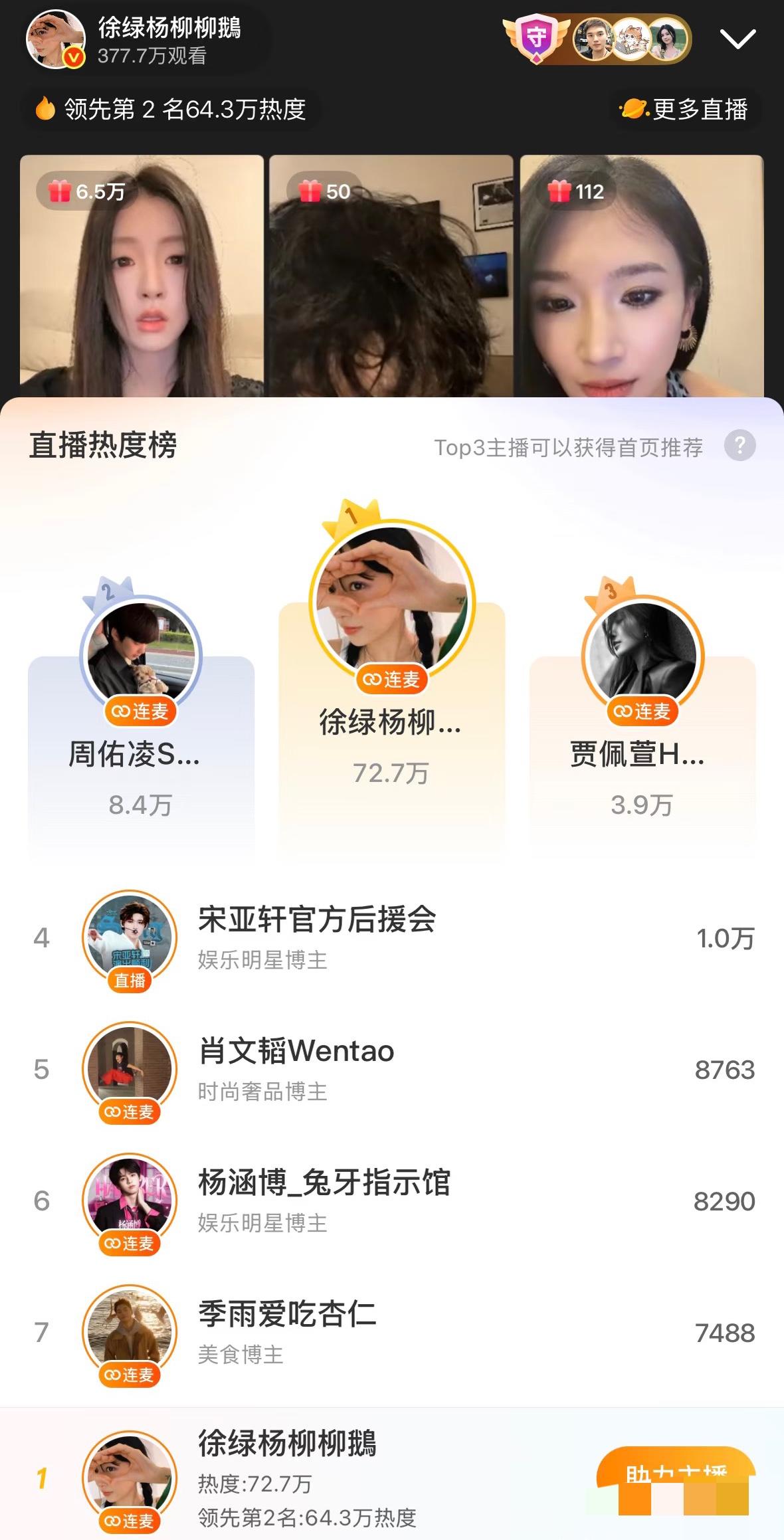 今晚最热闹的直播间，非柳柳莫属！
《半熟恋人》六位嘉宾连线直播，柳柳的人气直接爆