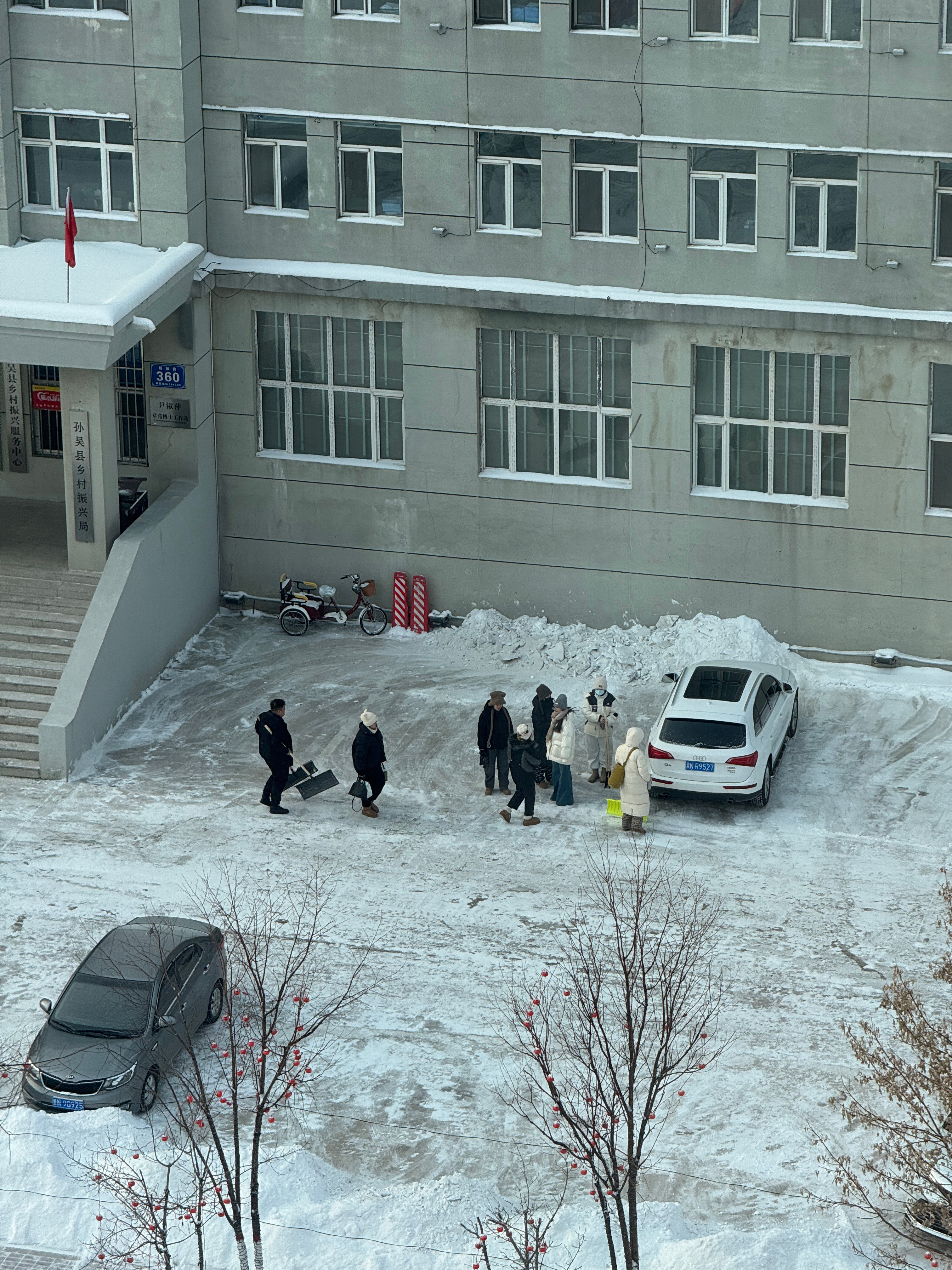 楼下单位的工作人员们拎着雪铲就出来了，看样子是要集体去铲雪。想起来小时候我们冬天