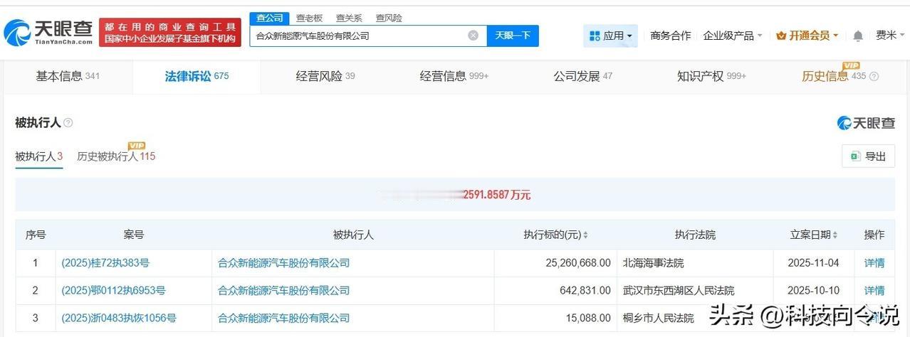 【哪吒汽车被执行2526万 哪吒汽车累计被执行超2591万】
天眼查法律诉讼信息