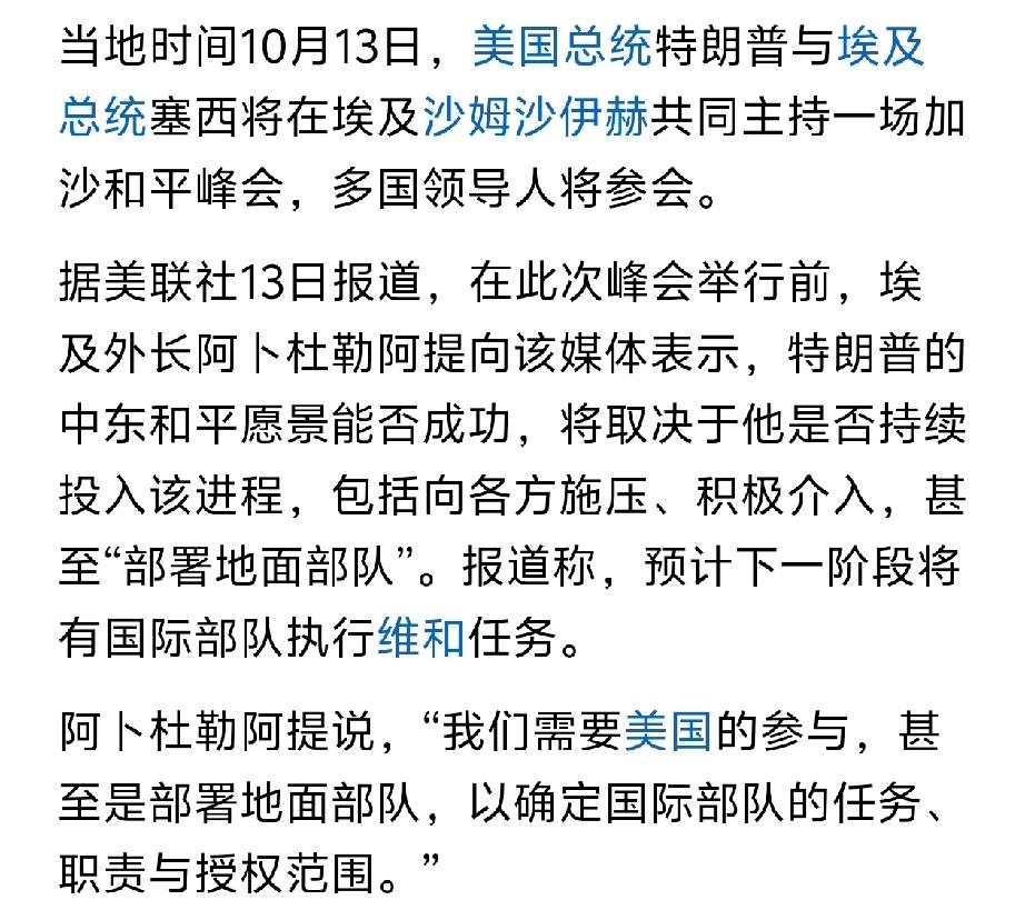 豁！
埃及外长这不是把美军往火坑里推吗？竟然要求美军地面部队进驻加沙！

美军都