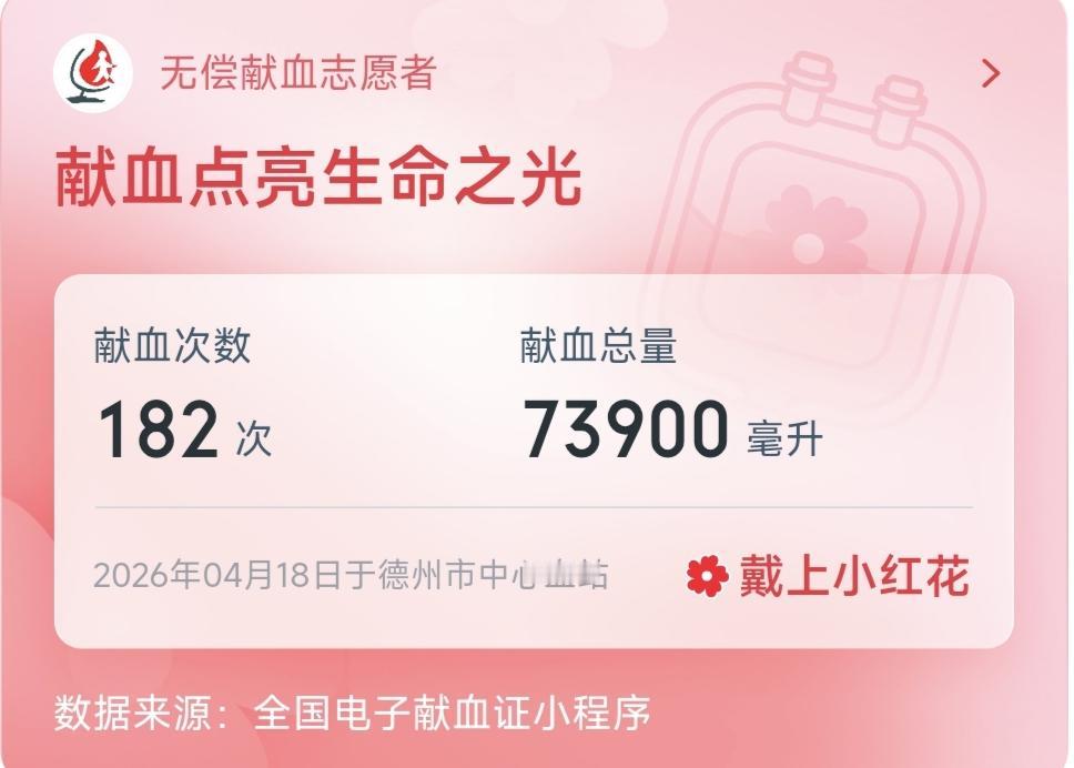截至2026年4月18日 本人已经无偿献血28年。捐献全血6400毫升，成分血2