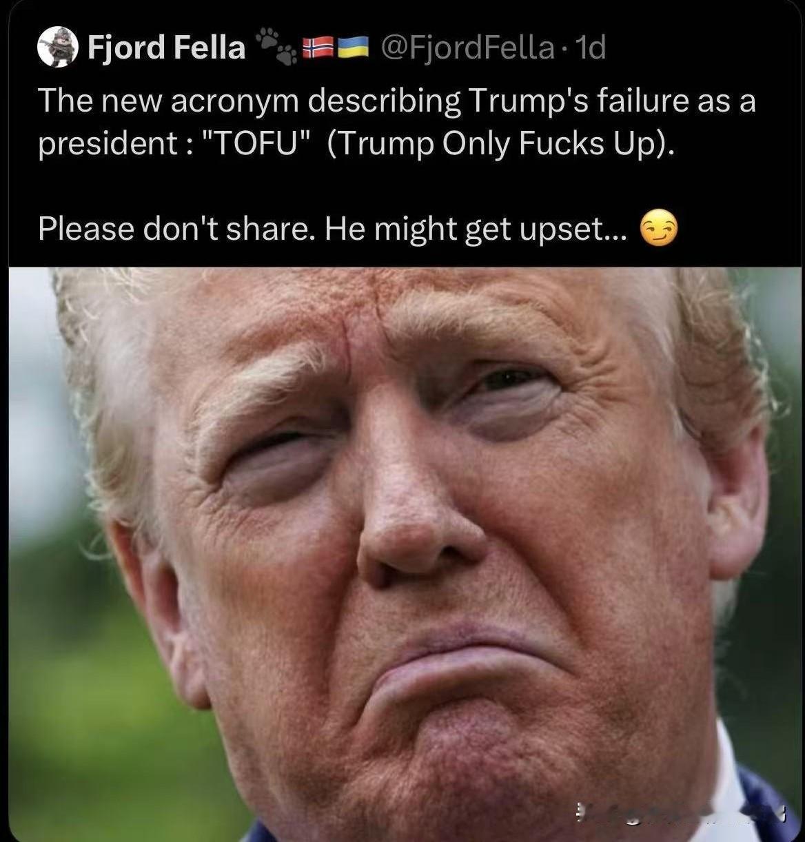 特朗普有了个新外号，叫TOFU（豆腐）。是Trump Only Fucks Up