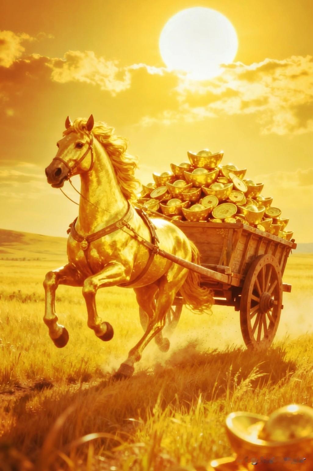 骏马驮金来，元宝满车归。
