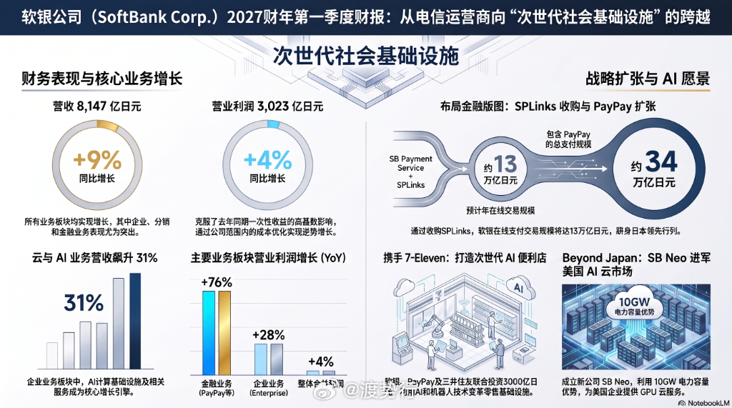 📌 软银Q1营业利润3023亿日元超预期，AI与云业务锁定30%年增长    