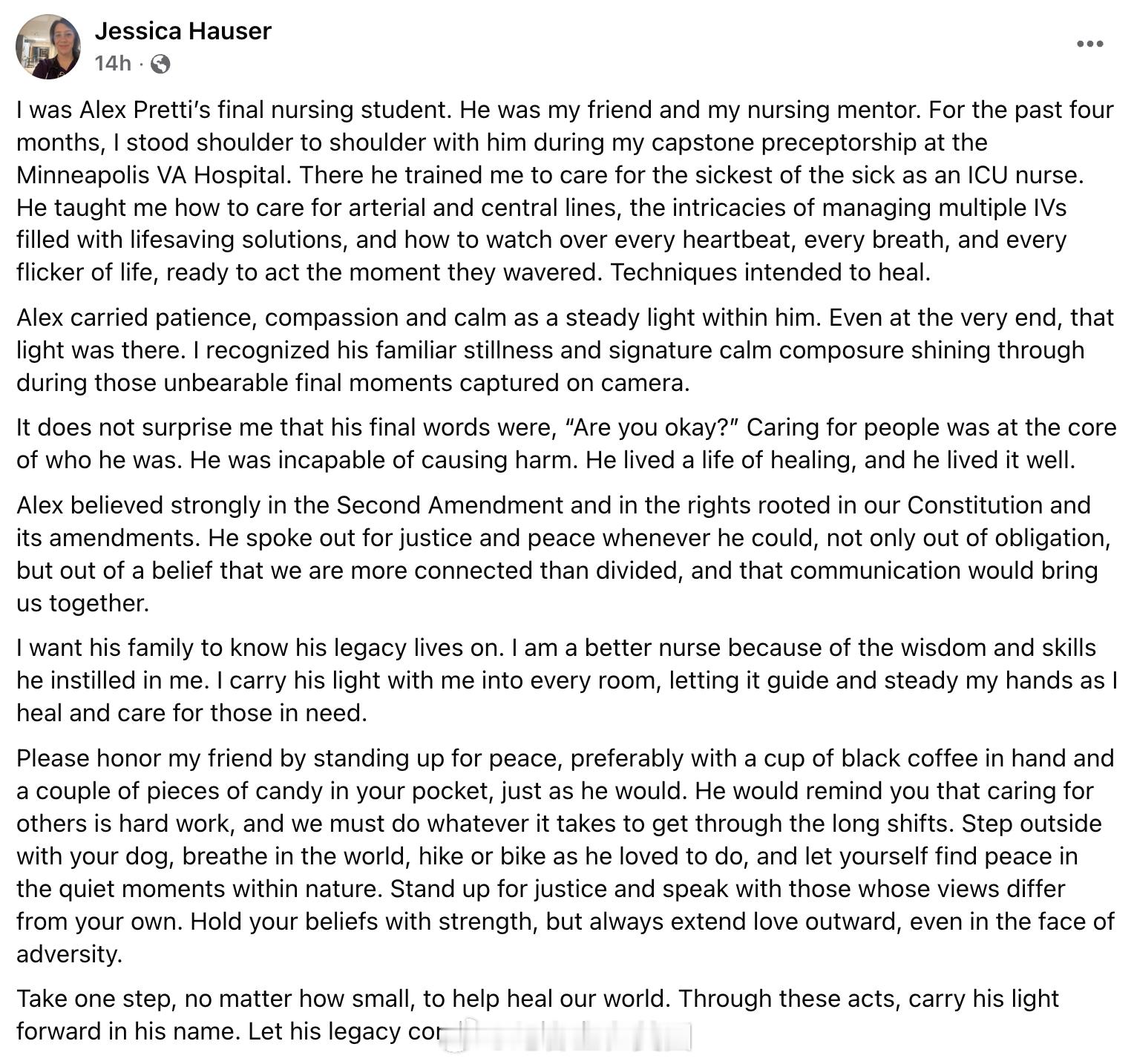 Alex Pretti最后一名护理学生在网上发文：“我是Alex Pretti的