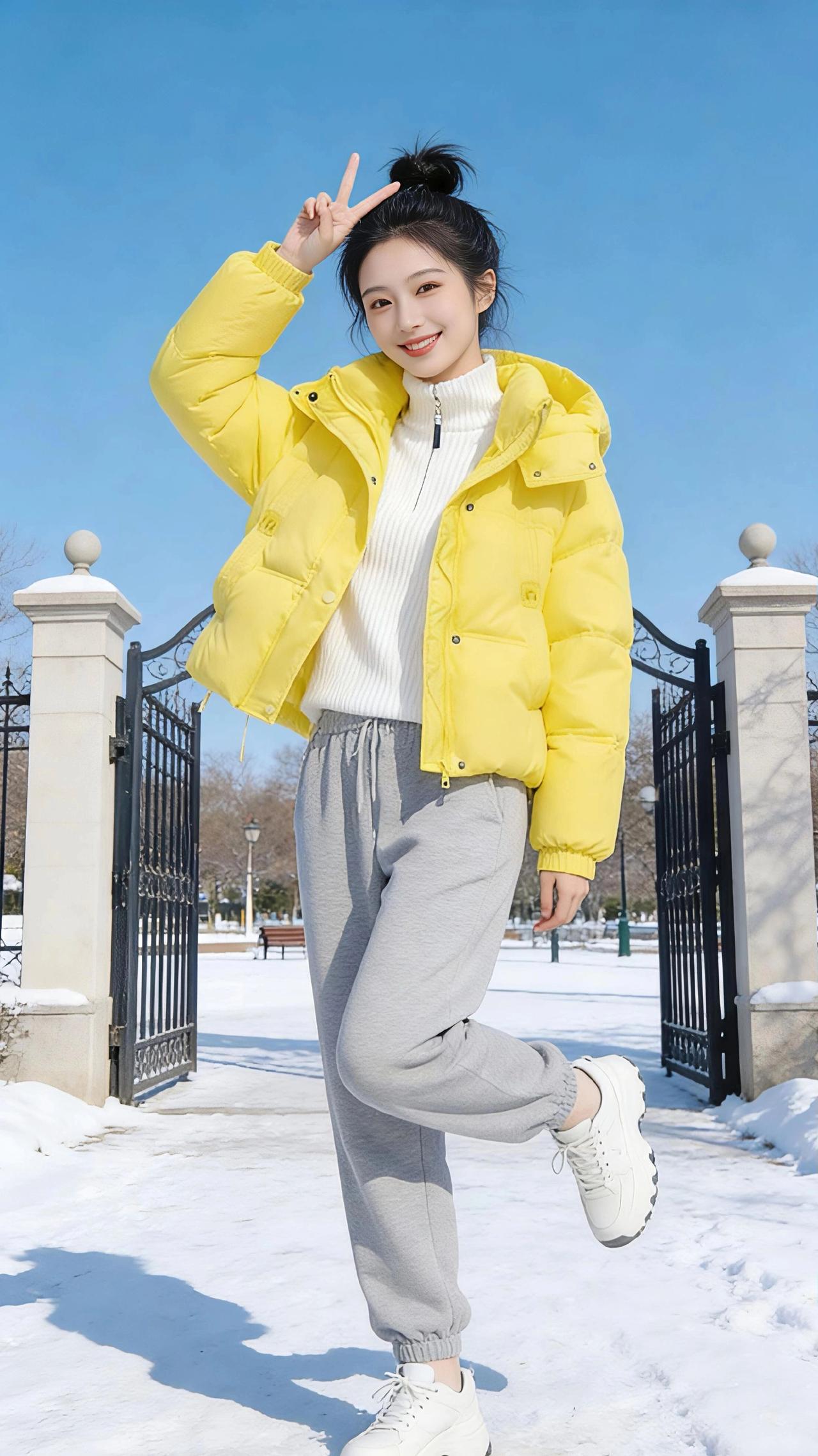 雪日黄裳
 
冬日的雪，把天地揉成了一张干净的宣纸，素白的底色上，唯有那抹明黄，