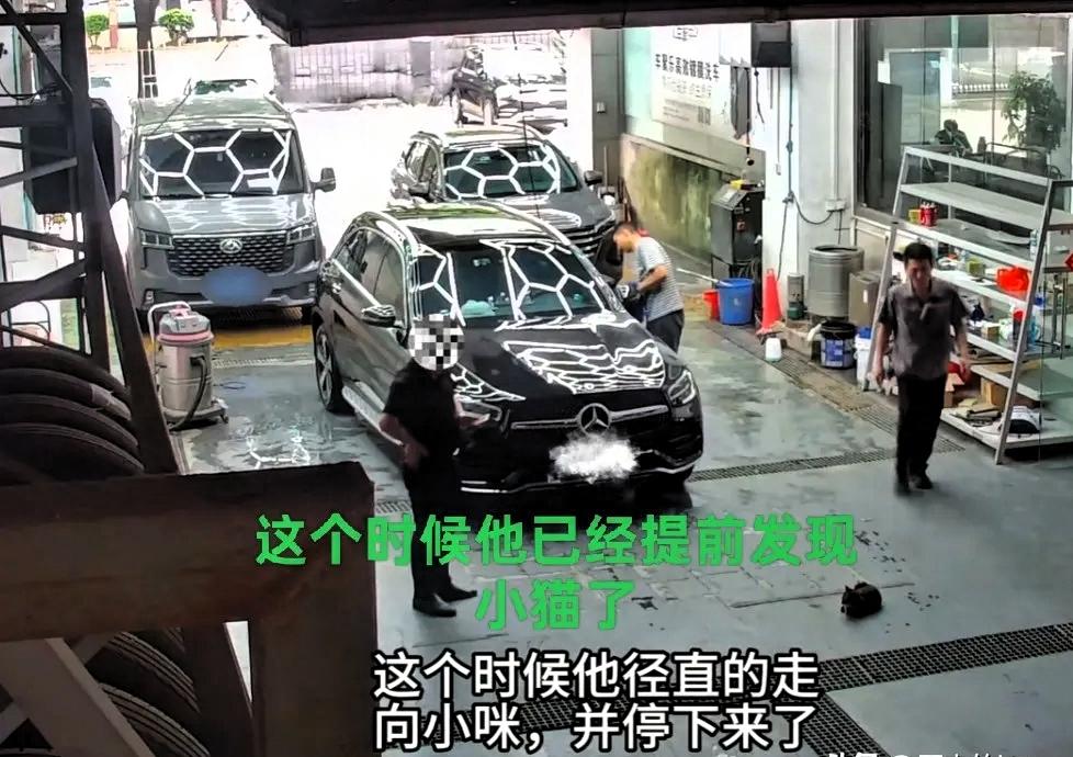 难以置信”，近日，广东一男子到洗车店内洗车，他明明看到地上躺着一只小猫，仍然直接