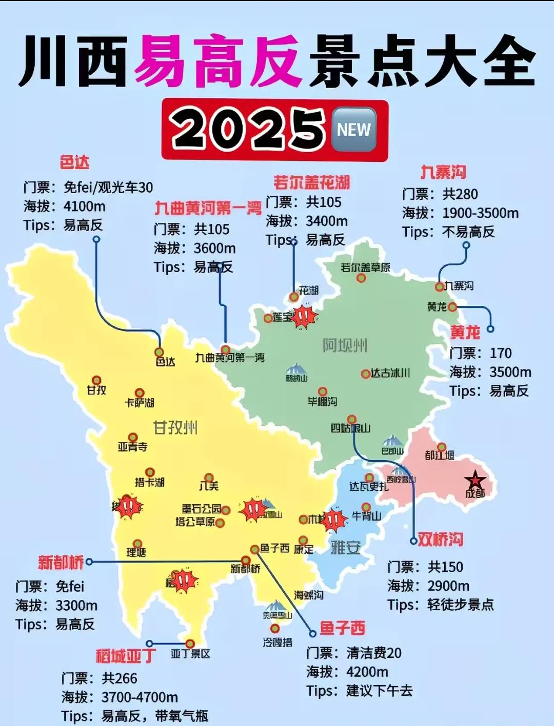 2025年川西易高反地区汇总
又到了春天爬山的季节
去川西的人又要多了
注意高反