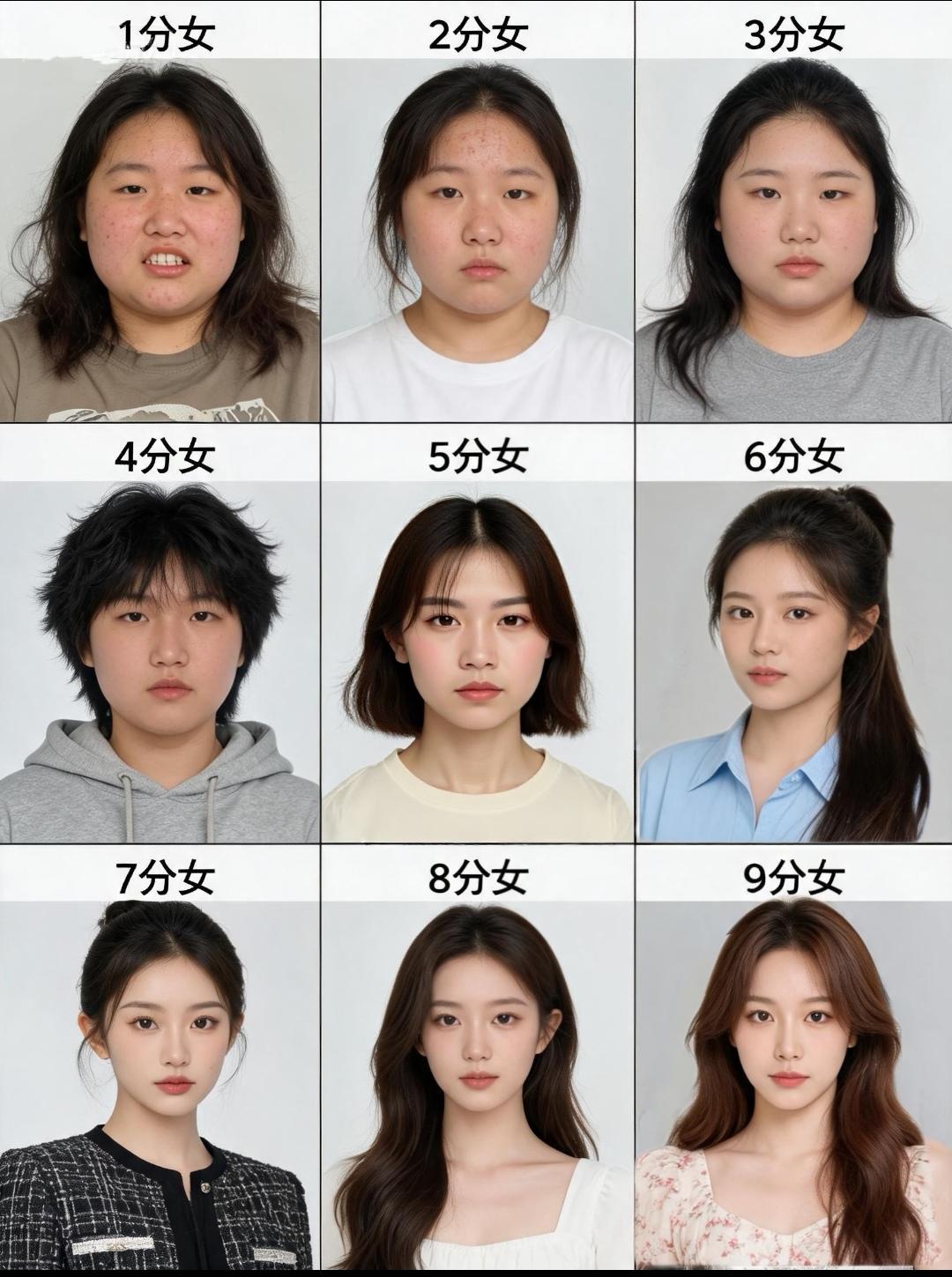网上流传的颜值打分图，看看你觉得自己属于几分。其实这个标准也就拿来当个娱乐，不用