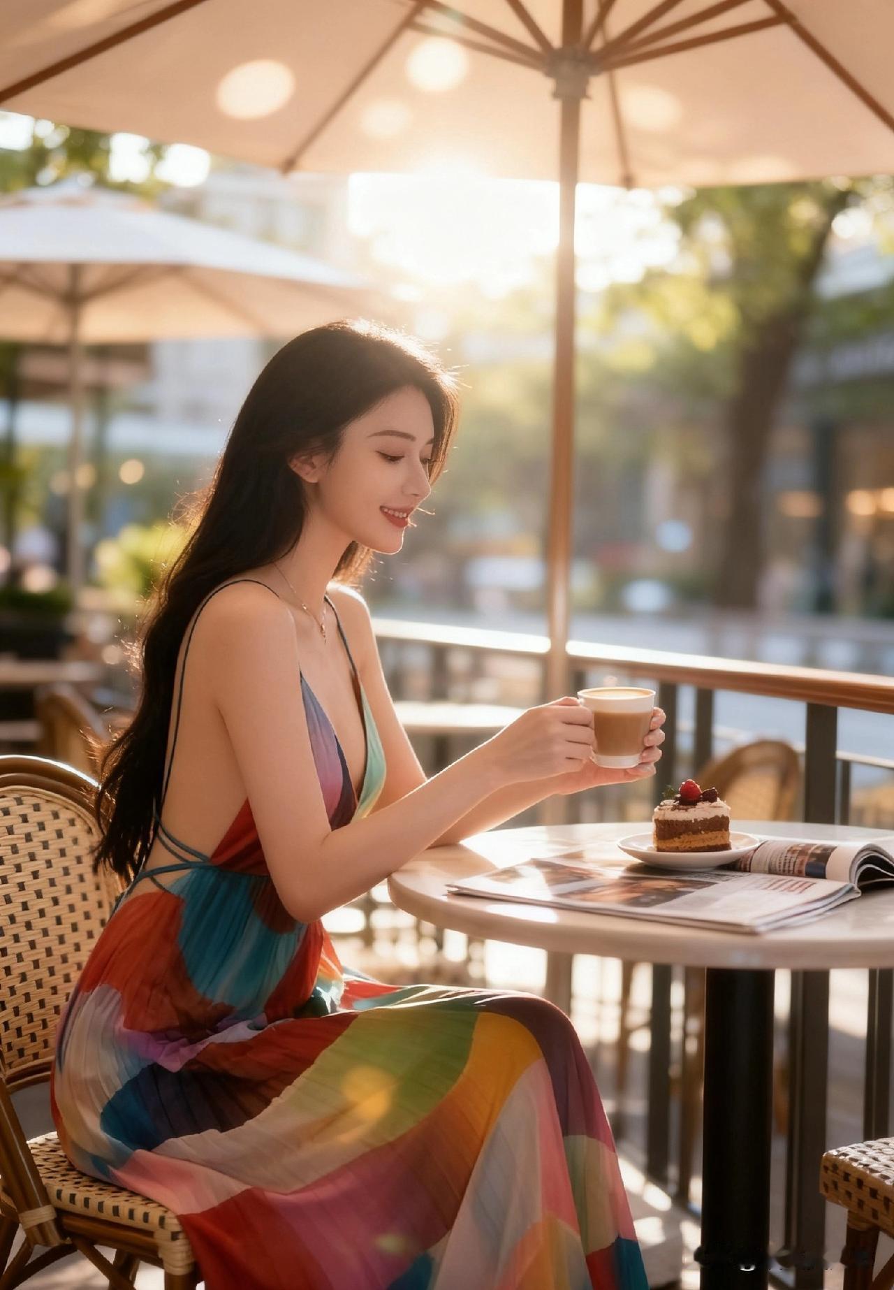 一袭彩色条纹吊带长裙，以柔和的色彩过渡展现活力与浪漫。无论是在酒店大堂的优雅伫立