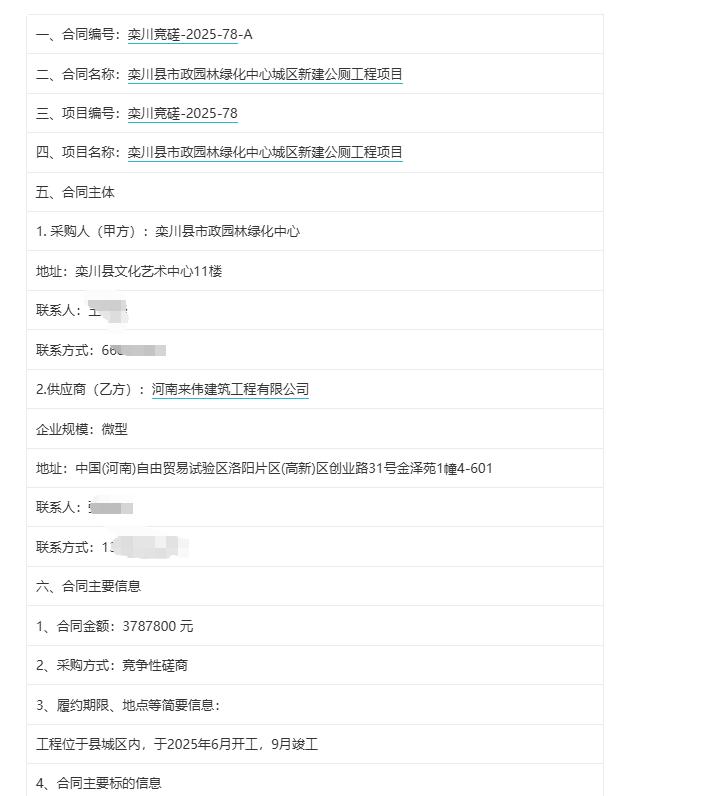 城市观察员栾川县市政园林绿化中心城区新建公厕工程项目中标公告，中标金额：378.