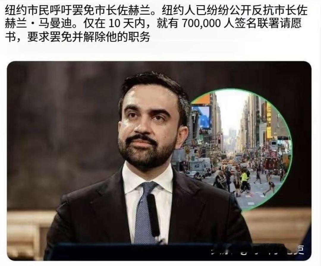 现任纽约市长‌佐兰·马姆达尼‌被“呼吁下台”。

仅仅十天时间，就有超过70万的