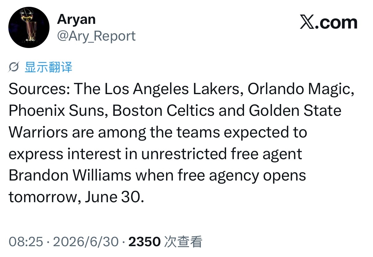 Ary：湖人等球队预计将在明天自由市场开启后追逐自由球员控卫布兰登·威廉姆斯。上